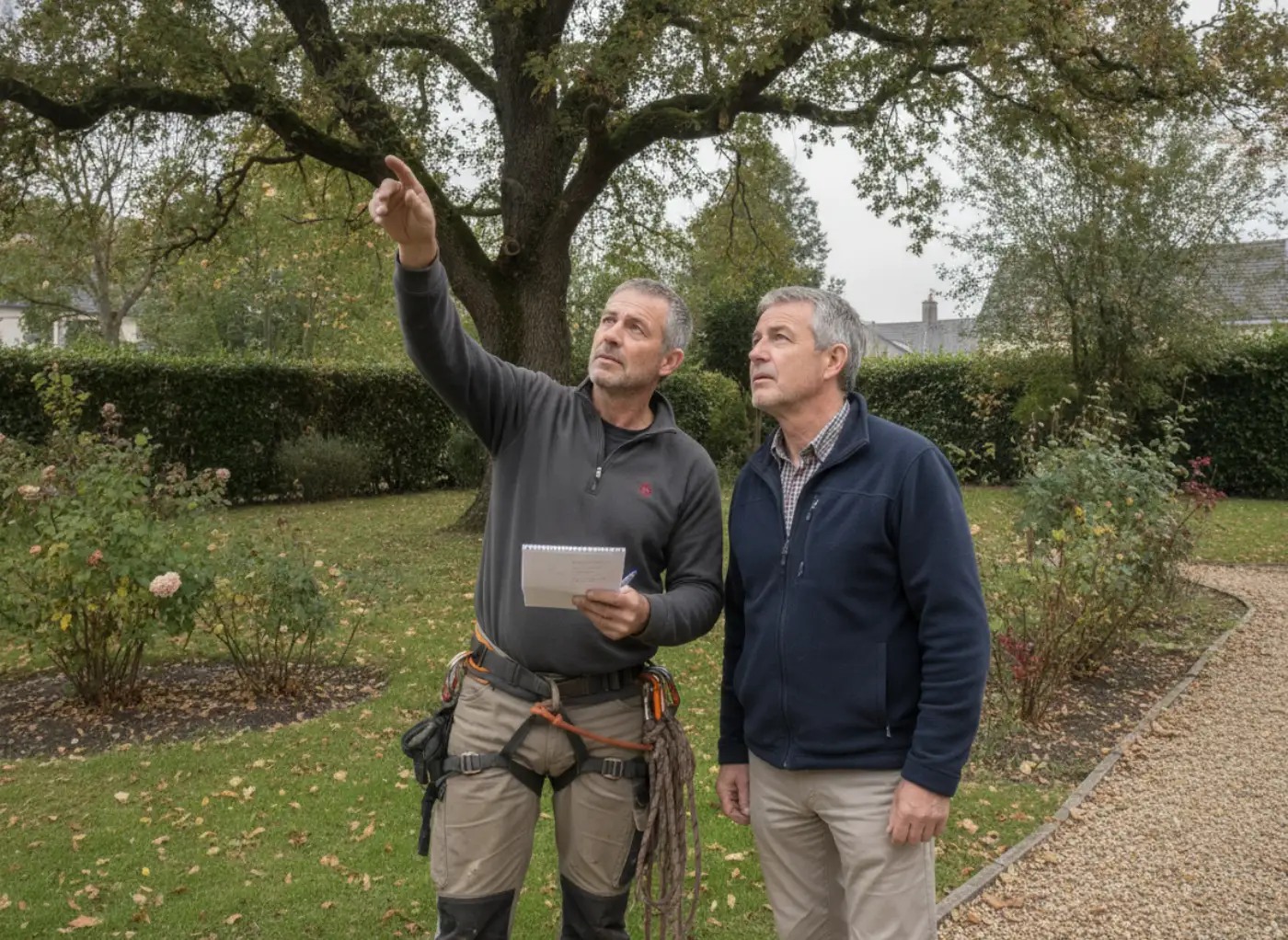 L'artisan explique l'intervention au propriétaire sous l'arbre