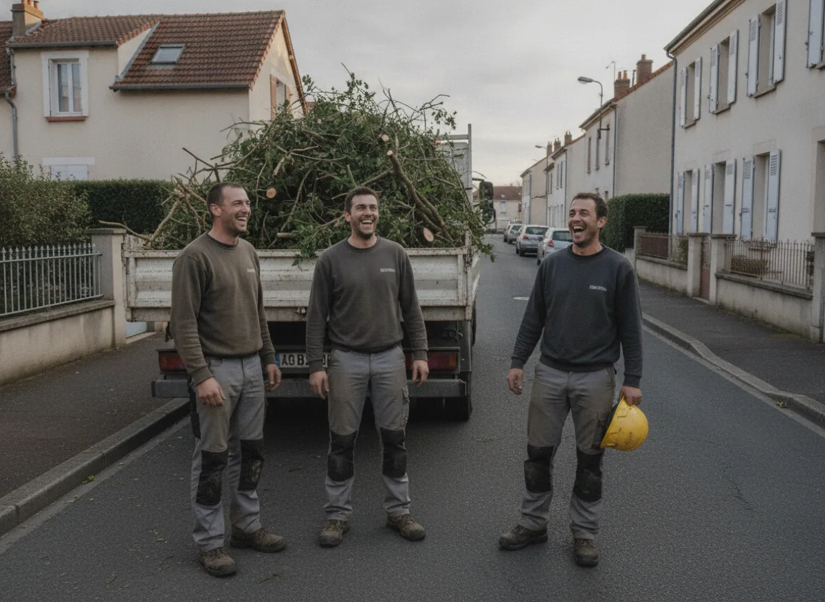 L'équipe en fin de journée devant le camion chargé de branches